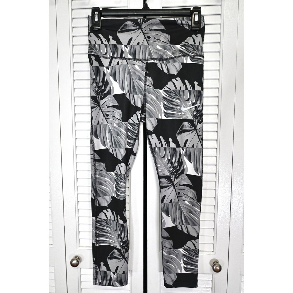 Nike Dri-FIT Leggings Women’s Black Gray Leaf Print Athletic Yoga Pants